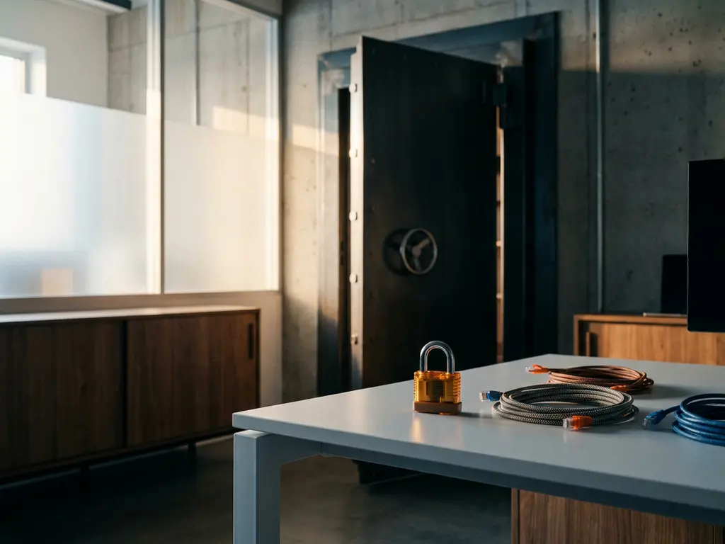 Zware stalen kluisdeur op een kier in modern kantoor, met gloeiend amber hangslot op wit bureau en geordende netwerkkabels.