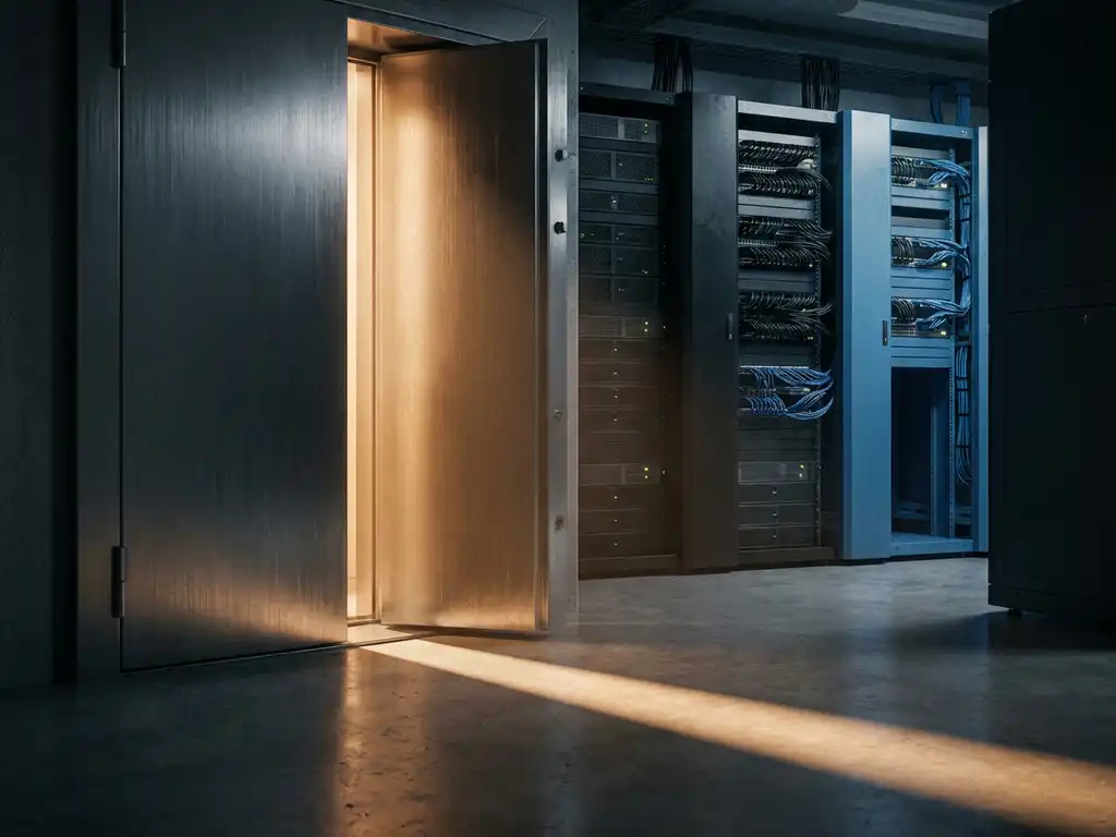 Zware stalen kluisdeur op een kier in moderne serverruimte, warme lichtstraal op betonvloer, netwerkkabels langs metalen rekken op achtergrond.